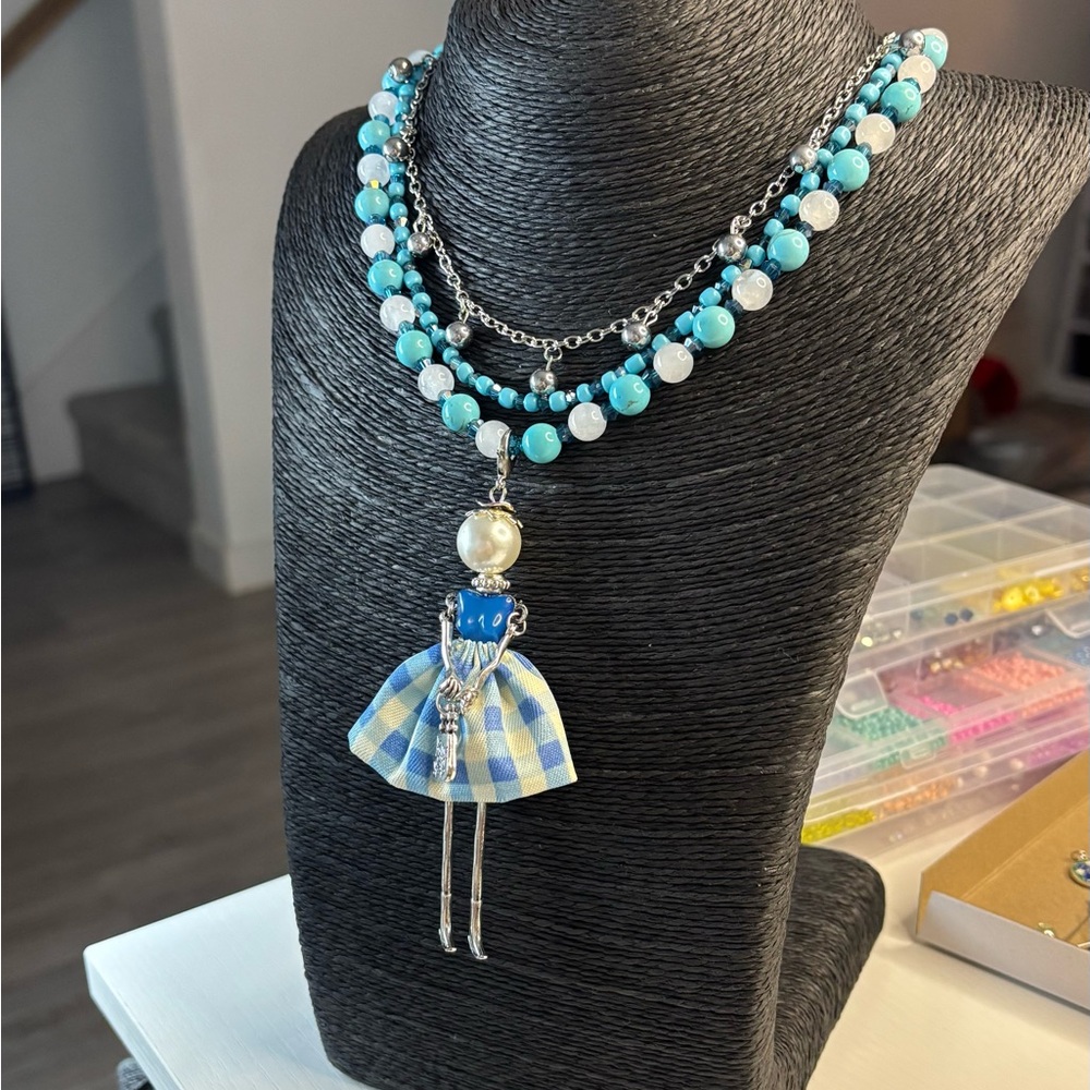 Layered Blue Bead Necklace with Doll Pendant - Women Jewelry